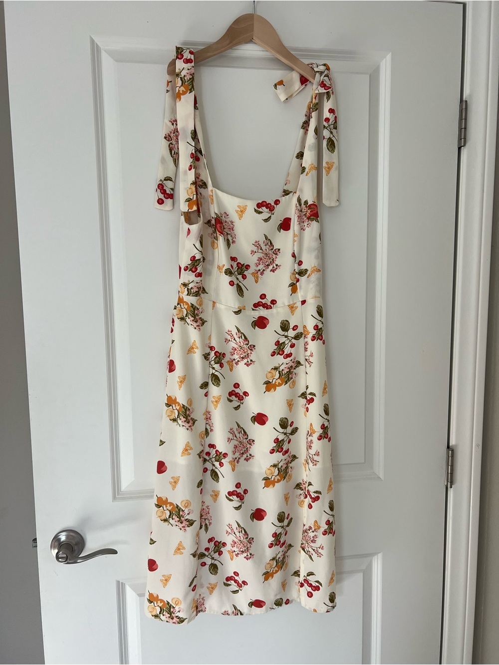 Cream Floral & Fruit Tie-Shoulder Midi Dress